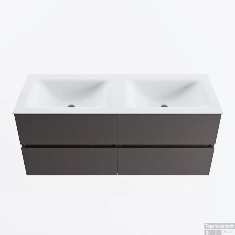 MONDIAZ VICA 120cm badmeubel onderkast Dark Grey 4 lades. Wastafel CLOUD dubbel 2 kraangaten, kleur Talc. Beperkt Aanbod