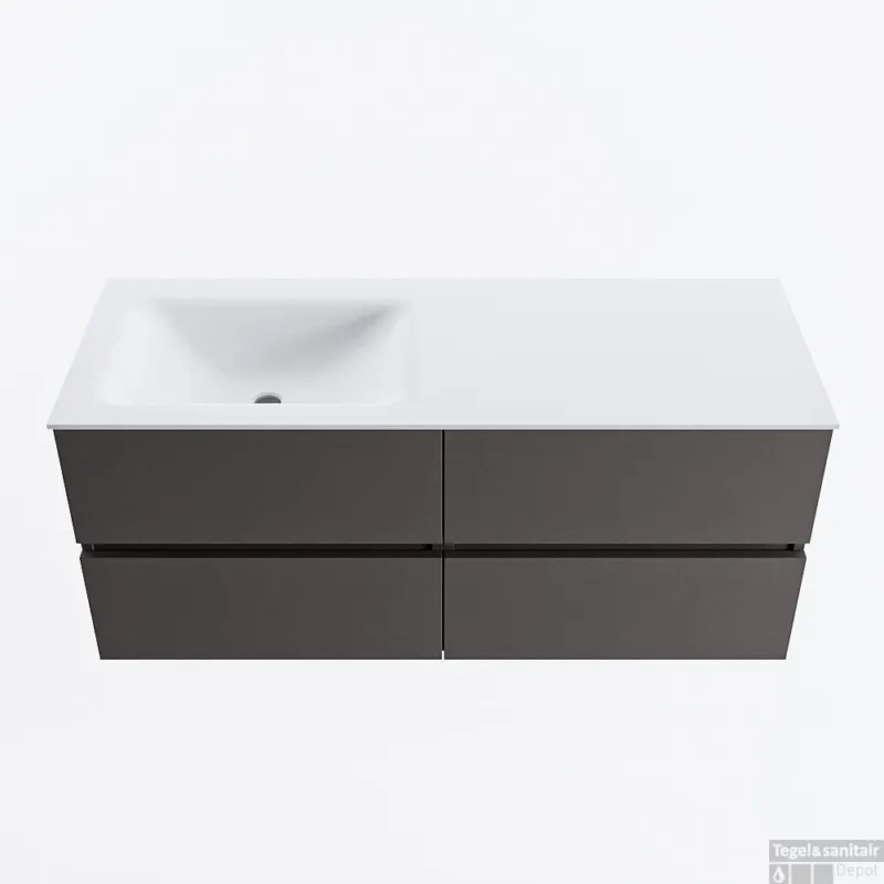 MONDIAZ VICA 120cm badmeubel onderkast Dark Grey 4 lades. Wastafel CLOUD links zonder kraangat, kleur Talc. Betaalbaar