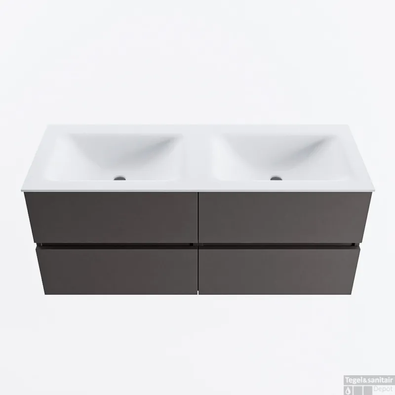 Hoge Kwaliteit MONDIAZ VICA 120cm badmeubel onderkast Dark Grey 4 lades. Wastafel CLOUD dubbel zonder kraangat, kleur Talc.