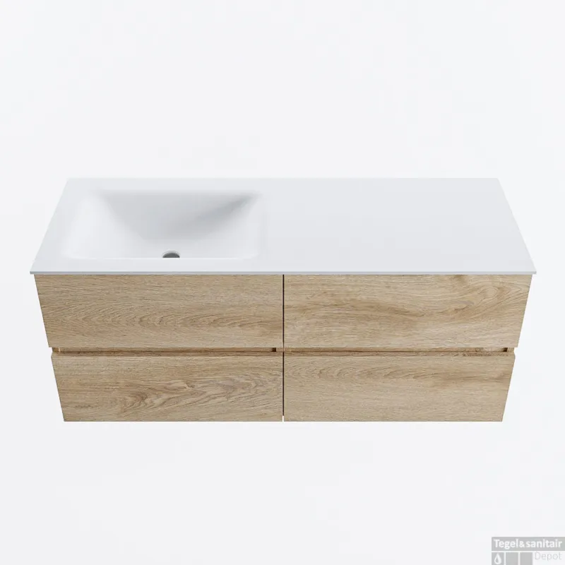 MONDIAZ VICA 120cm badmeubel onderkast Washed Oak 4 lades. Wastafel CLOUD links 1 kraangat, kleur Talc. Beperkte Voorraad