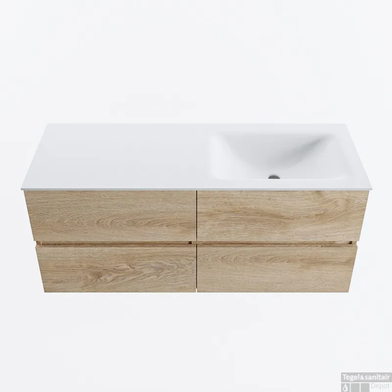 Gecertificeerd MONDIAZ VICA 120cm badmeubel onderkast Washed Oak 4 lades. Wastafel CLOUD rechts 1 kraangat, kleur Talc.
