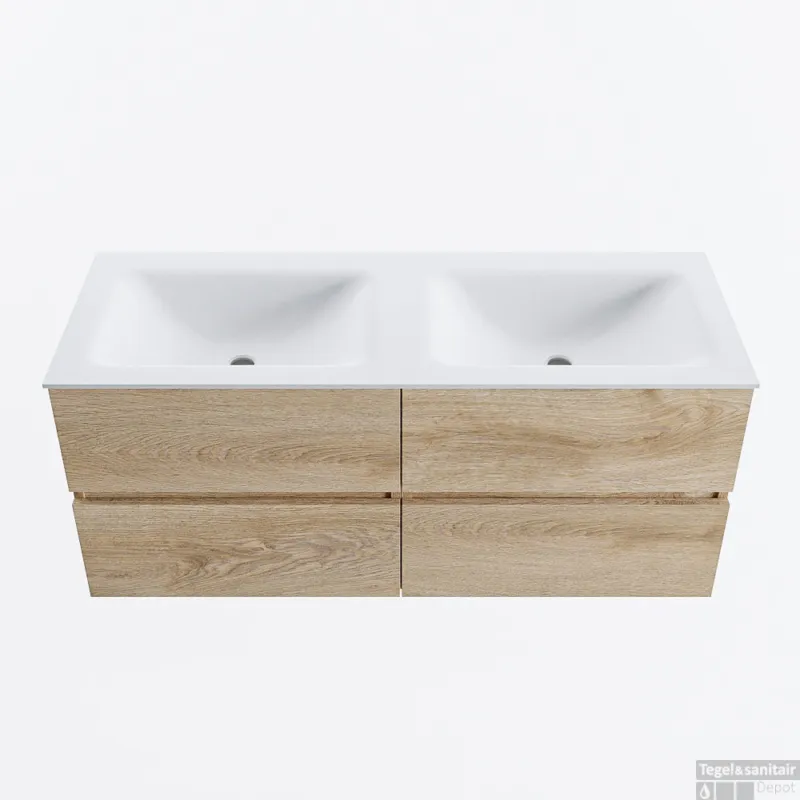 MONDIAZ VICA 120cm badmeubel onderkast Washed Oak 4 lades. Wastafel CLOUD dubbel 2 kraangaten, kleur Talc. Korting