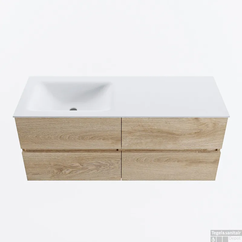 Meest Verkocht MONDIAZ VICA 120cm badmeubel onderkast Washed Oak 4 lades. Wastafel CLOUD links zonder kraangat, kleur Talc.