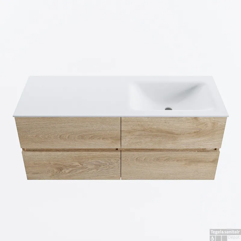 Bestel Nu MONDIAZ VICA 120cm badmeubel onderkast Washed Oak 4 lades. Wastafel CLOUD rechts zonder kraangat, kleur Talc.