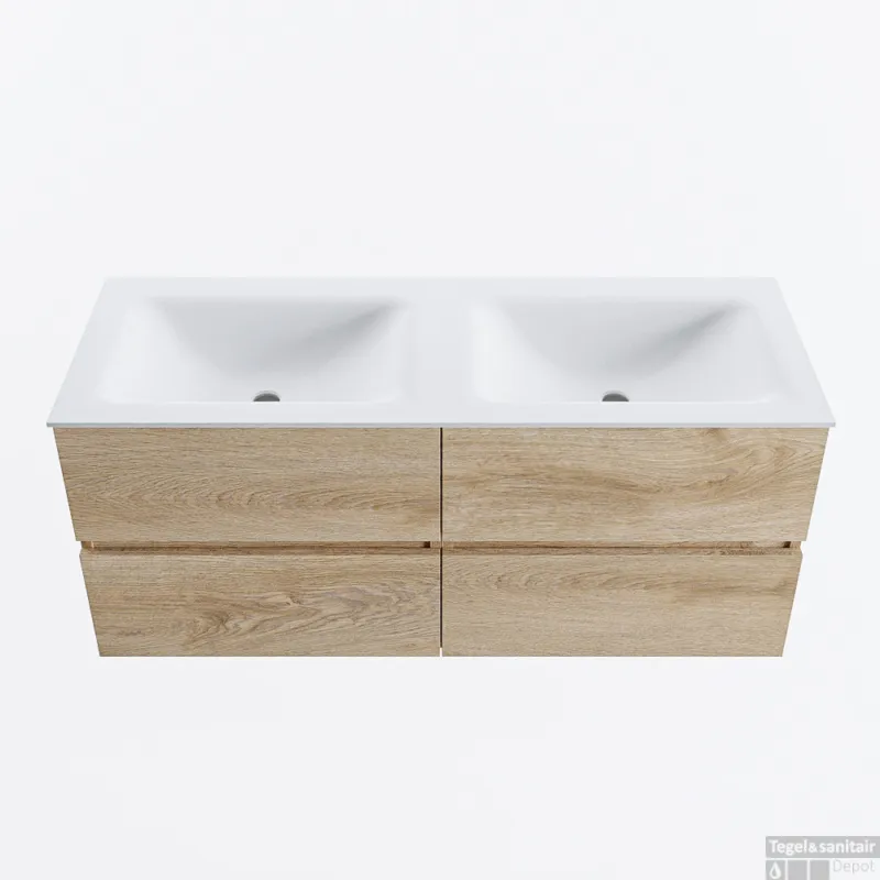 Koopje MONDIAZ VICA 120cm badmeubel onderkast Washed Oak 4 lades. Wastafel CLOUD dubbel zonder kraangat, kleur Talc.