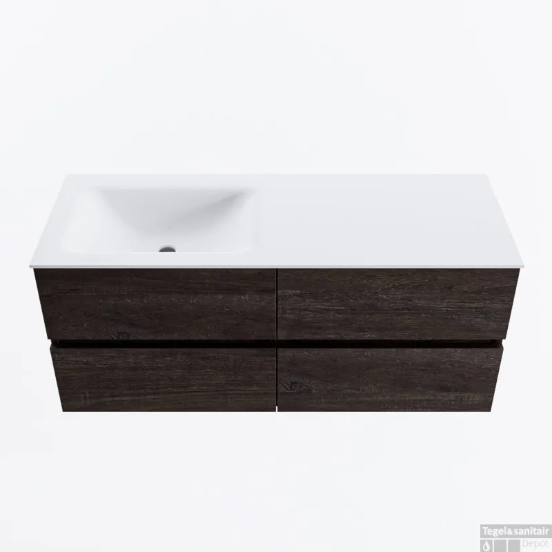 MONDIAZ VICA 120cm badmeubel onderkast Dark Brown 4 lades. Wastafel CLOUD links 1 kraangat, kleur Talc. Lage Kosten
