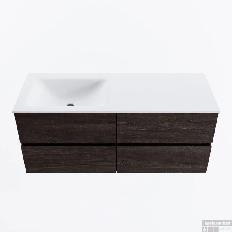 MONDIAZ VICA 120cm badmeubel onderkast Dark Brown 4 lades. Wastafel CLOUD links zonder kraangat, kleur Talc. Gecertificeerd