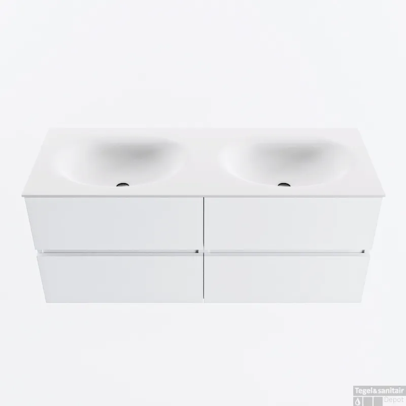 MONDIAZ VICA 120cm badmeubel onderkast Talc 4 lades. Wastafel MOON dubbel 2 kraangaten, kleur Talc. Hete Deal