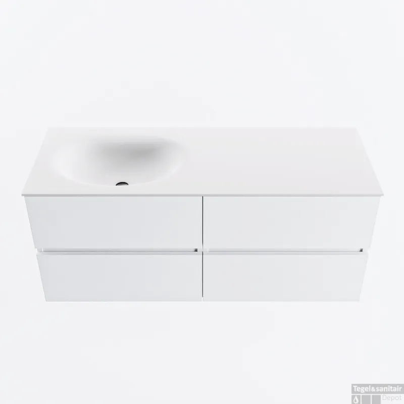 MONDIAZ VICA 120cm badmeubel onderkast Talc 4 lades. Wastafel MOON links zonder kraangat, kleur Talc. Betaalbaar