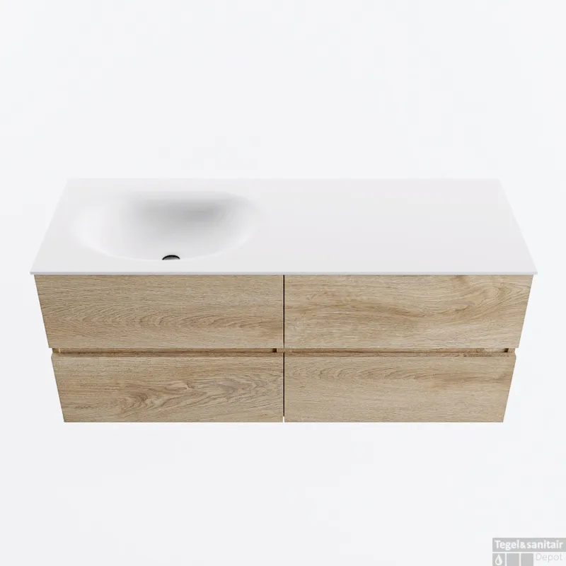 Koop Online MONDIAZ VICA 120cm badmeubel onderkast Washed Oak 4 lades. Wastafel MOON links 1 kraangat, kleur Talc.