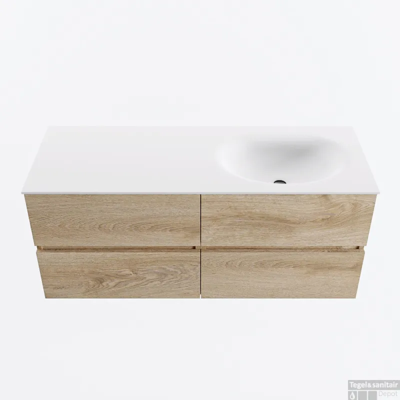 Shop Nu MONDIAZ VICA 120cm badmeubel onderkast Washed Oak 4 lades. Wastafel MOON rechts 1 kraangat, kleur Talc.