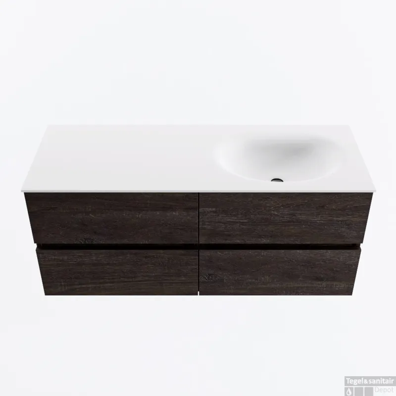 MONDIAZ VICA 120cm badmeubel onderkast Dark Brown 4 lades. Wastafel MOON rechts 1 kraangat, kleur Talc. Direct Verzonden