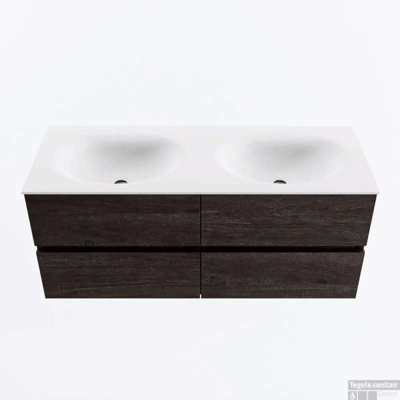MONDIAZ VICA 120cm badmeubel onderkast Dark Brown 4 lades. Wastafel MOON dubbel zonder kraangat, kleur Talc. Express Levering