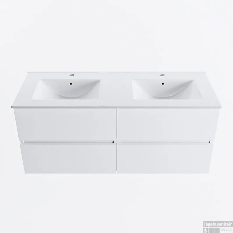 MONDIAZ VICA 120cm badmeubel onderkast Talc 4 lades. Wastafel DENIA dubbel 2 kraangaten, kleur Glanzend Wit. Direct Beschikbaar