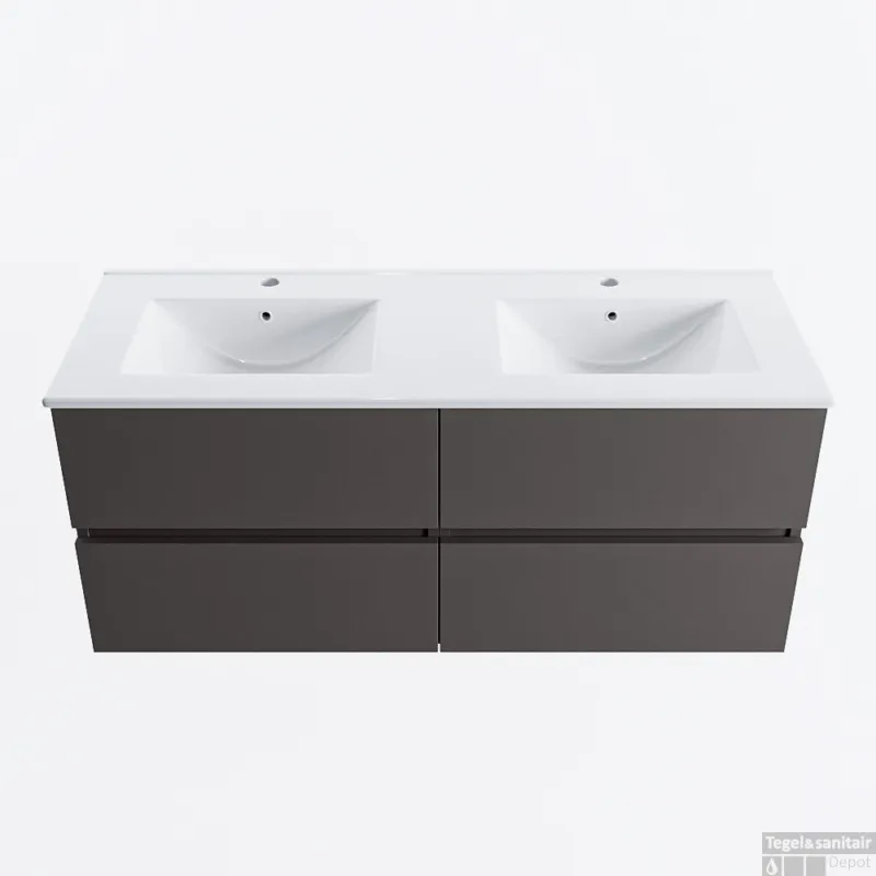 MONDIAZ VICA 120cm badmeubel onderkast Dark Grey 4 lades. Wastafel DENIA dubbel 2 kraangaten, kleur Glanzend Wit. Korting