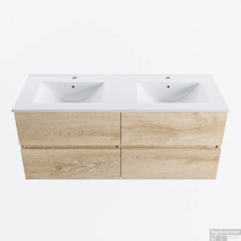 Lage Prijs MONDIAZ VICA 120cm badmeubel onderkast Washed Oak 4 lades. Wastafel DENIA dubbel 2 kraangaten, kleur Glanzend Wit.