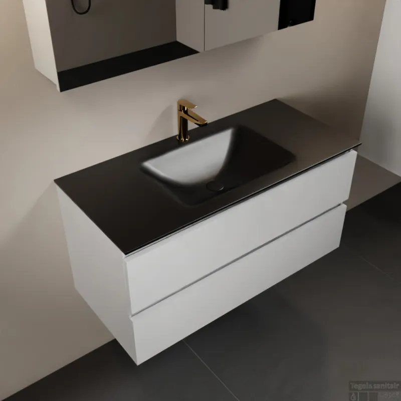 MONDIAZ AIVY 100cm badmeubel Talc, wastafel Urban solid surface midden 1 kraangat met spiegelkast (AI-351321URBAN-SI - AI-M100TAMI - AI-C100TAMI) Direct Beschikbaar