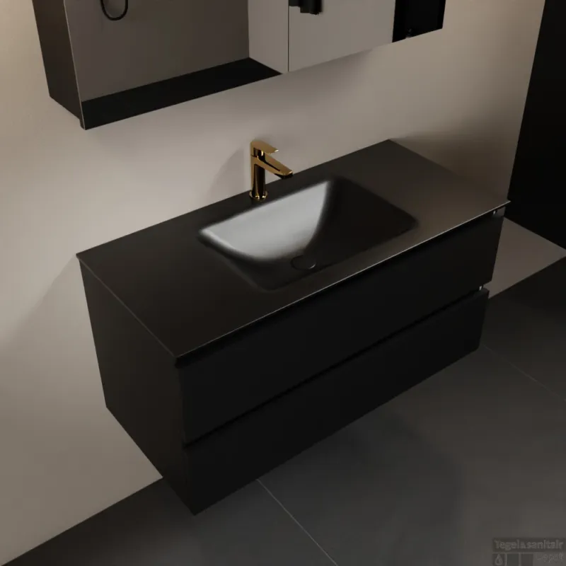 Shop Nu MONDIAZ AIVY 100cm badmeubel Urban, wastafel Urban solid surface midden 1 kraangat met spiegelkast (AI-351321URBAN-SI - AI-M100URMI - AI-C100URMI)