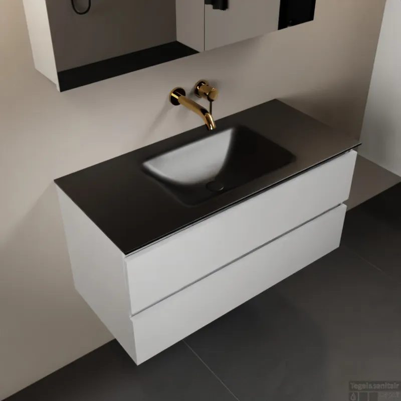 Flitsaanbieding MONDIAZ AIVY 100cm badmeubel Talc, wastafel Urban solid surface midden zonder kraangat met spiegelkast (AI-351321URBAN-NO - AI-M100TAMI - AI-C100TAMI)