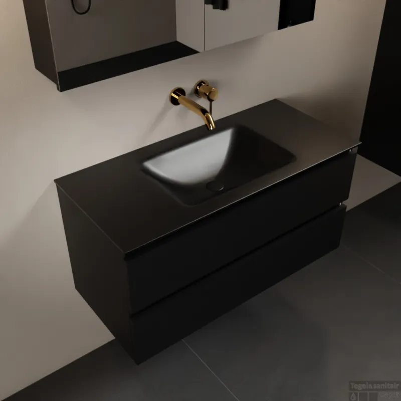 Nu Kopen MONDIAZ AIVY 100cm badmeubel Urban, wastafel Urban solid surface midden zonder kraangat met spiegelkast (AI-351321URBAN-NO - AI-M100URMI - AI-C100URMI)