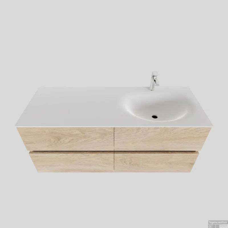 Betrouwbaar Badkamermeubel Solid Surface BWS Stockholm 120x46 cm Rechts Wood Washed Oak 4 Laden (met 1 kraangat)