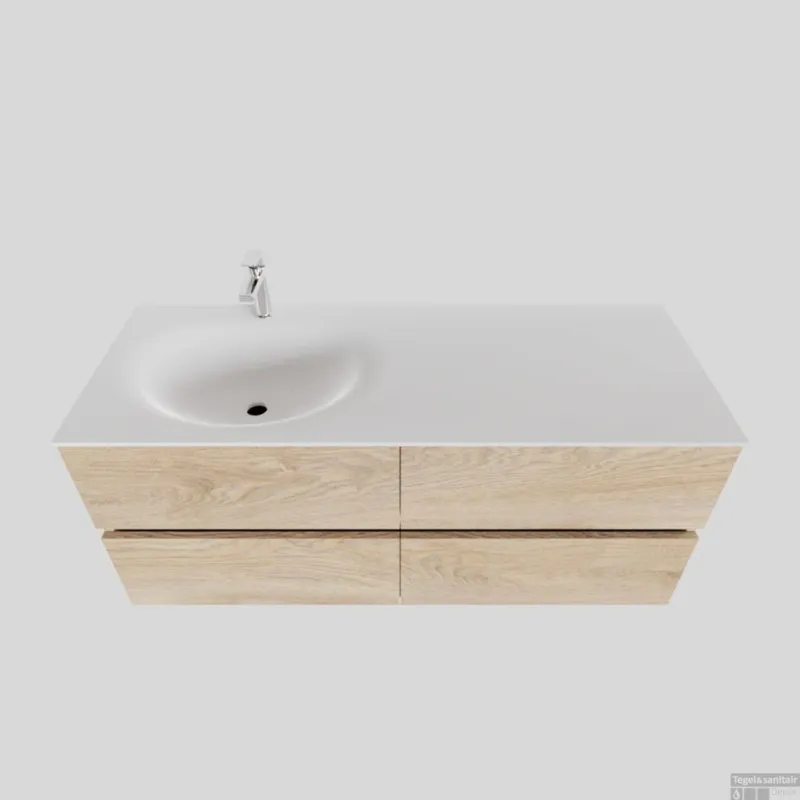 Lage Prijs Badkamermeubel Solid Surface BWS Stockholm 120x46 cm Links Wood Washed Oak 4 Laden (met 1 kraangat)