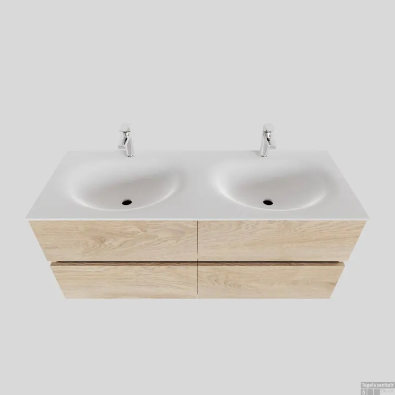 Seizoensaanbieding Badkamermeubel Solid Surface BWS Stockholm 120x46 cm Dubbel Wood Washed Oak 4 Laden (2 kraangaten)