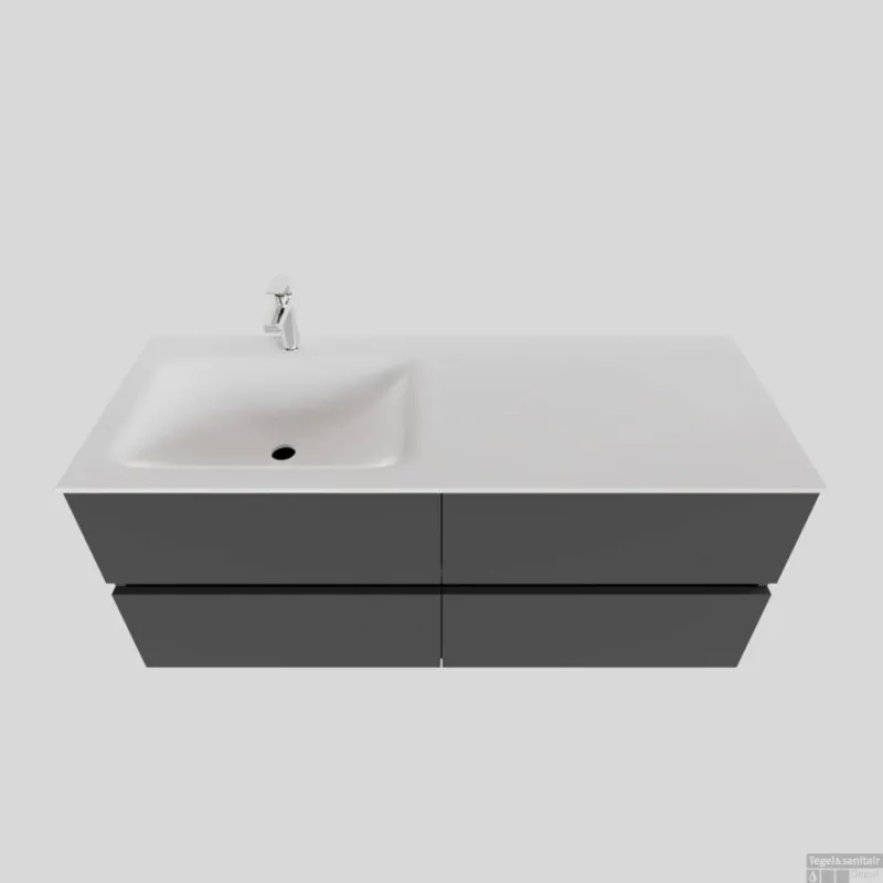 Lage Prijs Badkamermeubel Solid Surface BWS Oslo 120x46 cm Links Mat Antraciet 4 Laden (met 1 kraangat)