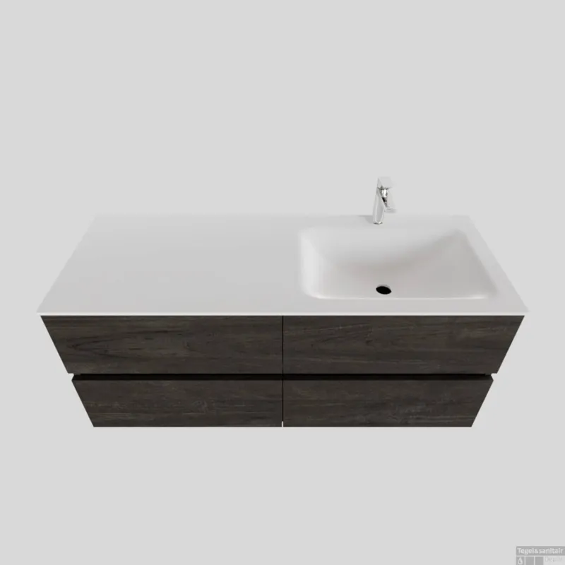 Seizoensaanbieding Badkamermeubel Solid Surface BWS Oslo 120x46 cm Rechts Wood Dark Brown 4 Laden (met 1 kraangat)