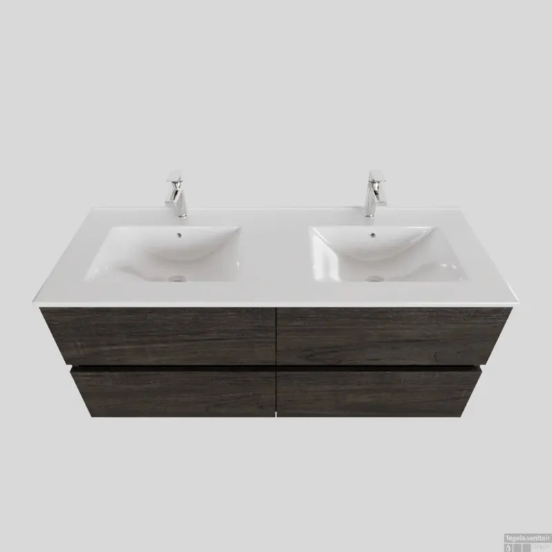 Voordeelprijs Badkamermeubel BWS Helsinki 120x46cm Keramiek Dubbel Wood Dark Brown 4 Laden (2 kraangaten)