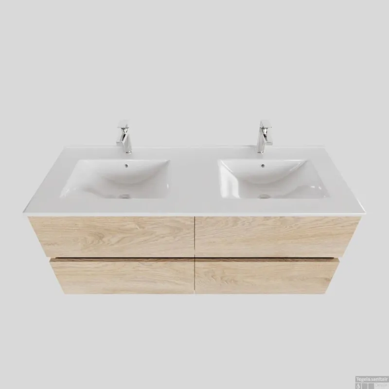 Badkamermeubel BWS Helsinki 120x46cm Keramiek Dubbel Wood Washed Oak 4 Laden (2 kraangaten) Op = Op