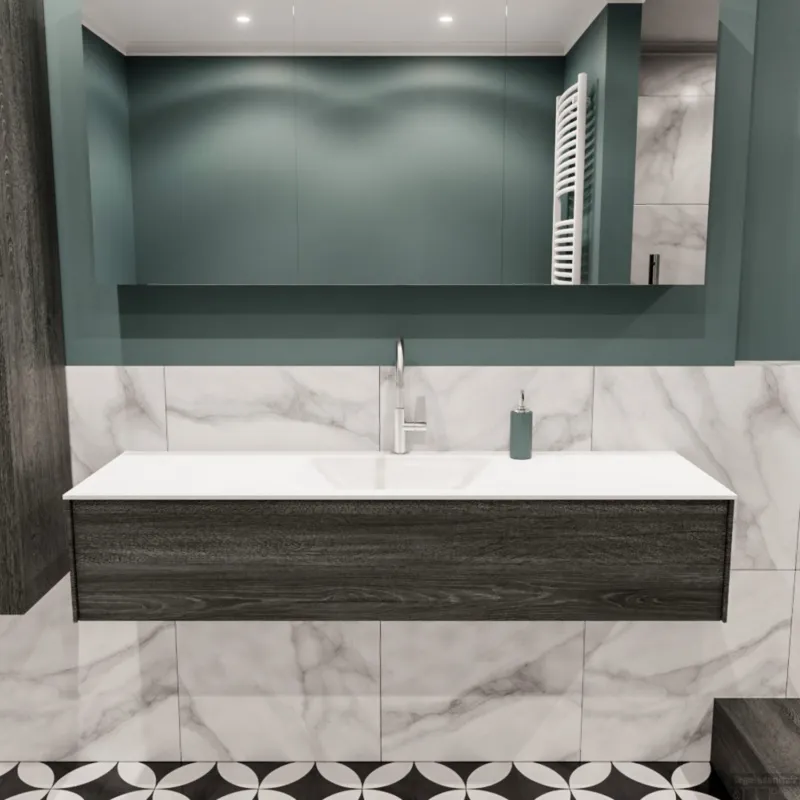 Badkamermeubel BWS Madrid Antraciet 150x45x30 cm Mat Witte Solid Surface Wastafel (1 kraangat) Must-Have