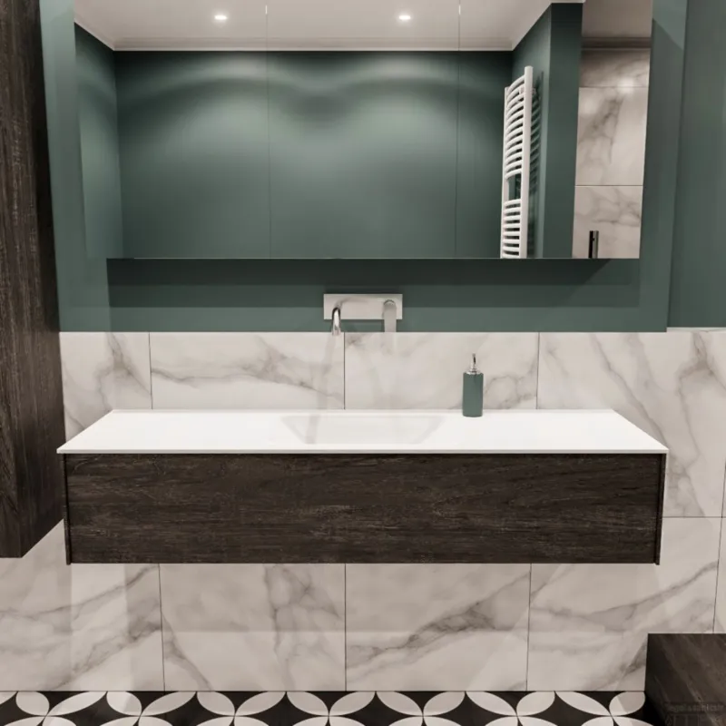 Badkamermeubel BWS Madrid Dark Brown 150x45x30 cm Mat Witte Solid Surface Wastafel (0 kraangaten) Koop Online