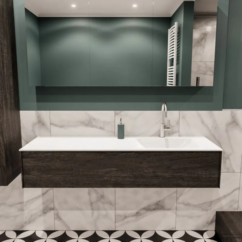 Badkamermeubel BWS Madrid Dark Brown 150x45x30 cm Mat Witte Solid Surface Wastafel Rechts (1 kraangat) Op = Op