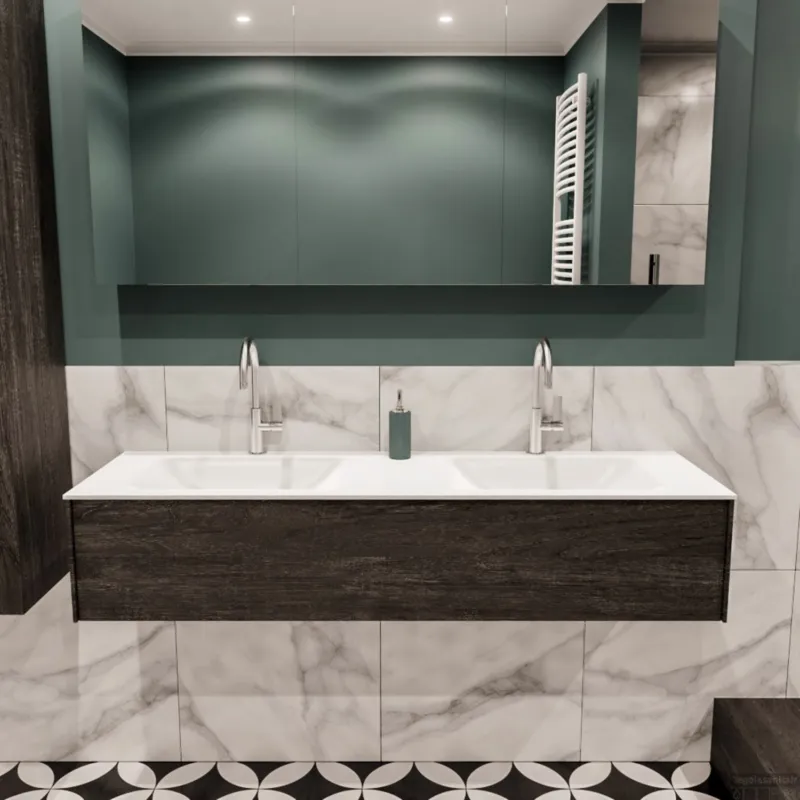 Badkamermeubel BWS Madrid Dark Brown 150x45x30 cm Mat Witte Solid Surface Wastafel Dubbel (2 kraangaten) Koop Vandaag