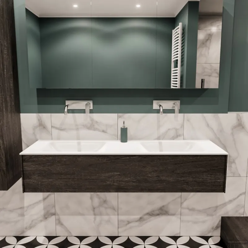 Badkamermeubel BWS Madrid Dark Brown 150x45x30 cm Mat Witte Solid Surface Wastafel Dubbel (0 kraangaten) Betaalbaar