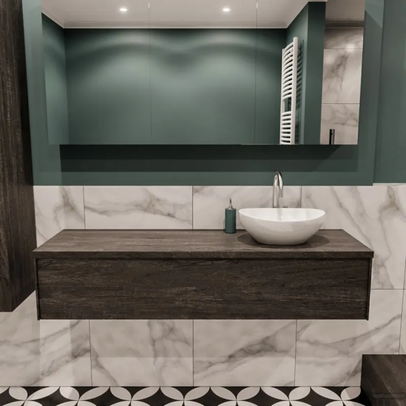 Veilige Betaling Badkamermeubel BWS Madrid Dark Brown 150 cm met Topblad en Keramische Waskom Rechts (1 kraangat)