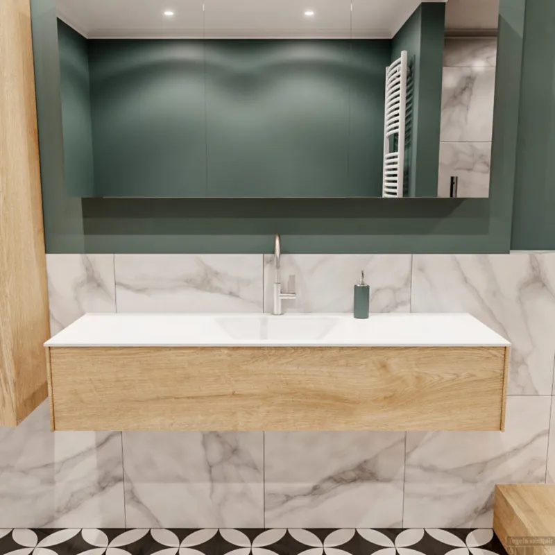 Nu Kopen Badkamermeubel BWS Madrid Washed Oak 150x45x30 cm Mat Witte Solid Surface Wastafel (1 kraangat)