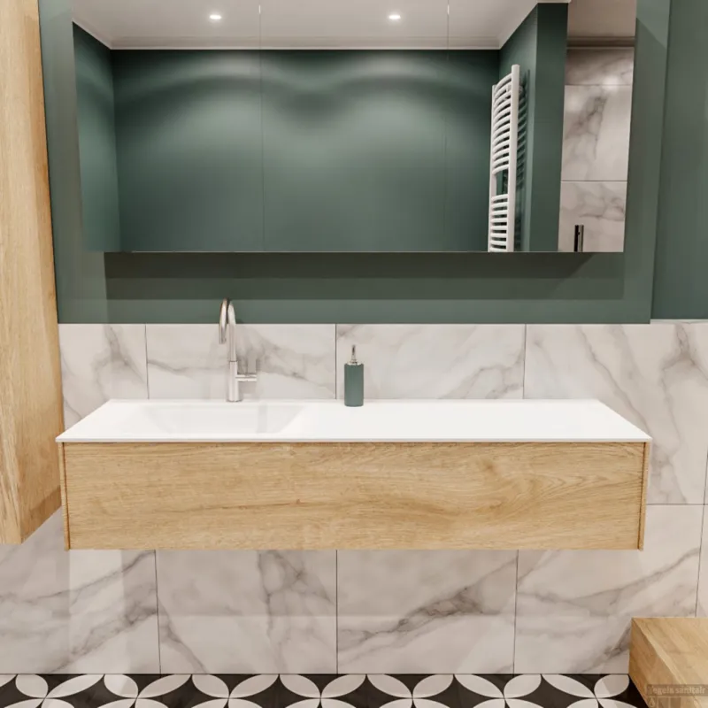 Badkamermeubel BWS Madrid Washed Oak 150x45x30 cm Mat Witte Solid Surface Wastafel Links (1 kraangat) Koopje