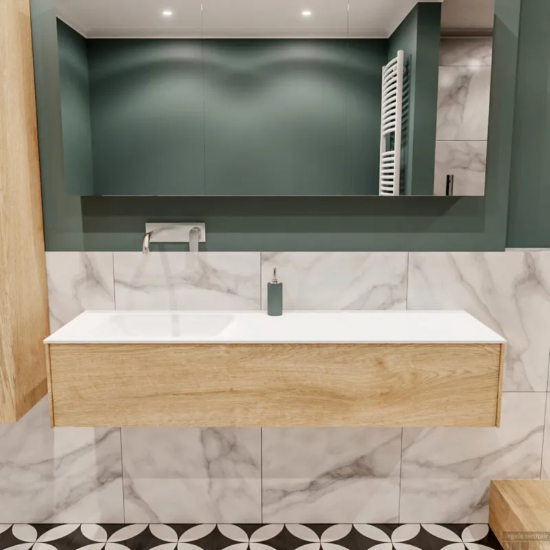 Korting Badkamermeubel BWS Madrid Washed Oak 150x45x30 cm Mat Witte Solid Surface Wastafel Links (0 kraangaten)