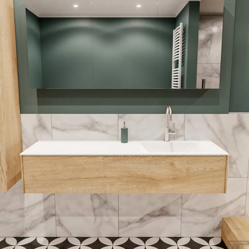 Badkamermeubel BWS Madrid Washed Oak 150x45x30 cm Mat Witte Solid Surface Wastafel Rechts (1 kraangat) Hoge Kwaliteit