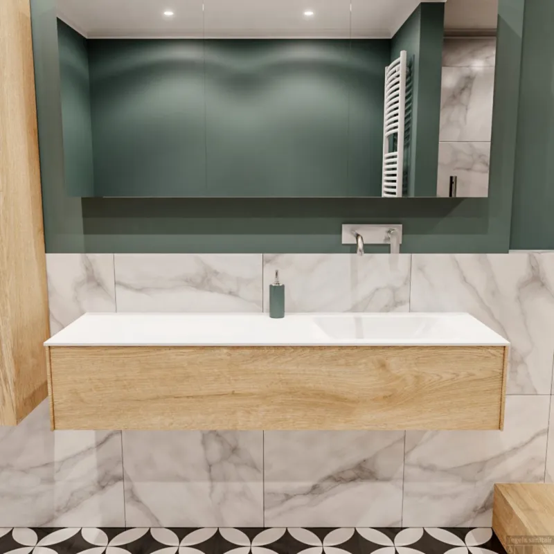 Badkamermeubel BWS Madrid Washed Oak 150x45x30 cm Mat Witte Solid Surface Wastafel Rechts (0 kraangaten) Voordeelprijs