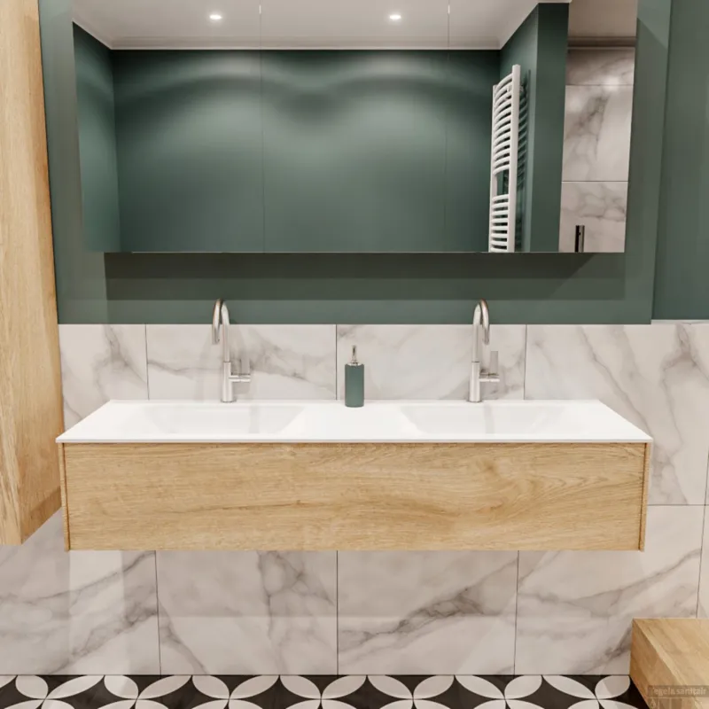 Laatste Kans Badkamermeubel BWS Madrid Washed Oak 150x45x30 cm Mat Witte Solid Surface Wastafel Dubbel (2 kraangaten)