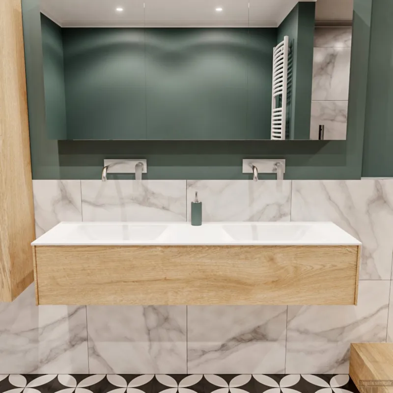 Badkamermeubel BWS Madrid Washed Oak 150x45x30 cm Mat Witte Solid Surface Wastafel Dubbel (0 kraangaten) Populair
