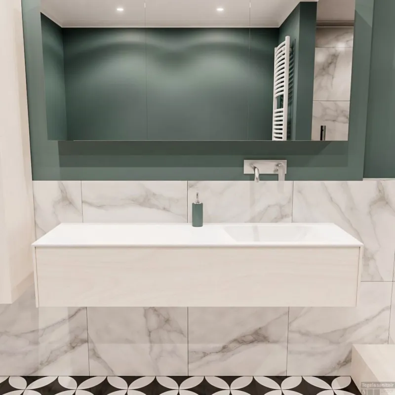 Hete Deal Badkamermeubel BWS Madrid Wit 150x45x30 cm Mat Witte Solid Surface Wastafel Rechts (0 kraangaten)