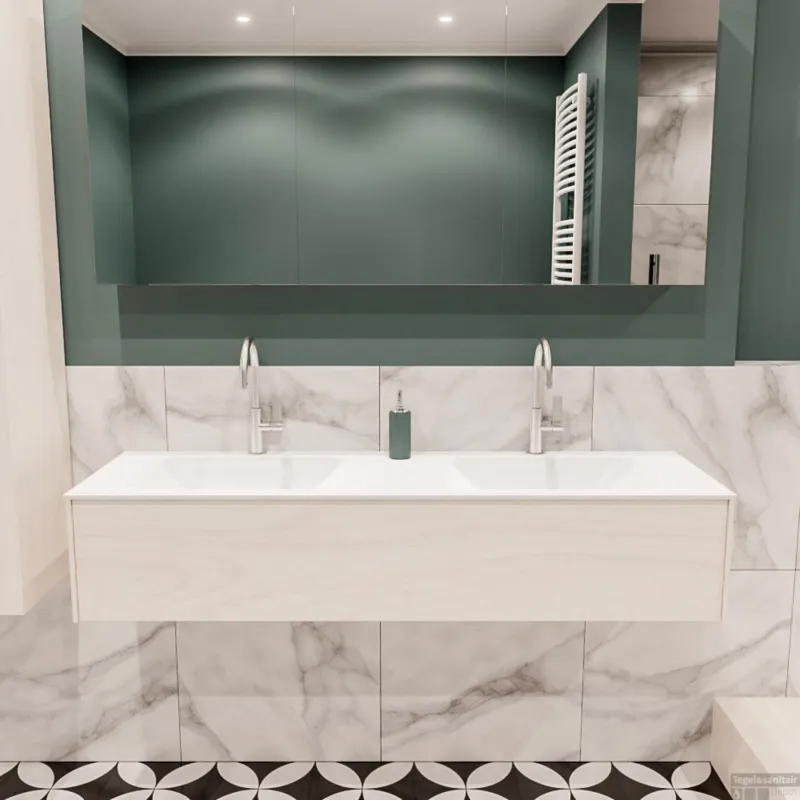 Badkamermeubel BWS Madrid Wit 150x45x30 cm Mat Witte Solid Surface Wastafel Dubbel (2 kraangaten) Superprijs