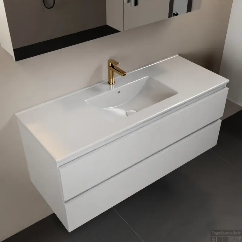 MONDIAZ AIVY 120cm badmeubel Talc, wastafel glanzend wit keramiek midden 1 kraangat met spiegelkast (M60103 - AI-M120TAMI - AI-C120TAMI) Favoriet