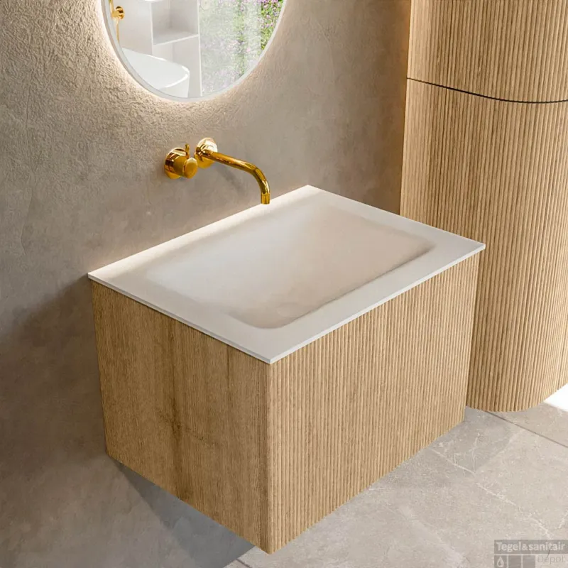 Mondiaz KURVE 60 cm Onderkast Greeploos 1 Lade Zonder Deuren Oak, Wastafel Solid Surface Midden Talc 0 Kraangaten Zonder Spiegel (KRVCLO601L0D0KM-Oak/Tal) Speciale Aanbieding