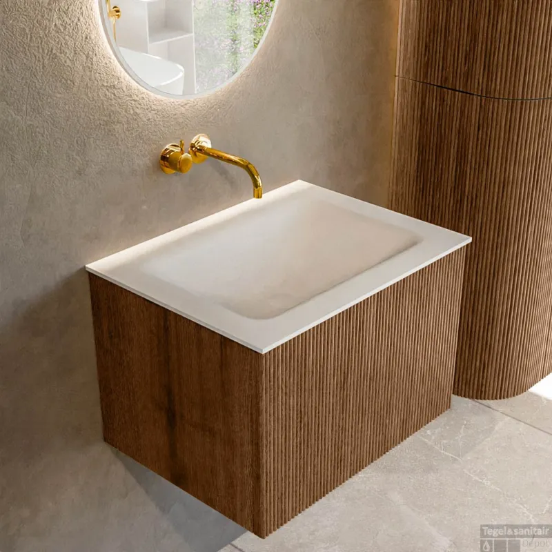 Mondiaz KURVE 60 cm Onderkast Greeploos 1 Lade Zonder Deuren Walnut, Wastafel Solid Surface Midden Talc 0 Kraangaten Zonder Spiegel (KRVCLO601L0D0KM-Wal/Tal) Veilige Betaling