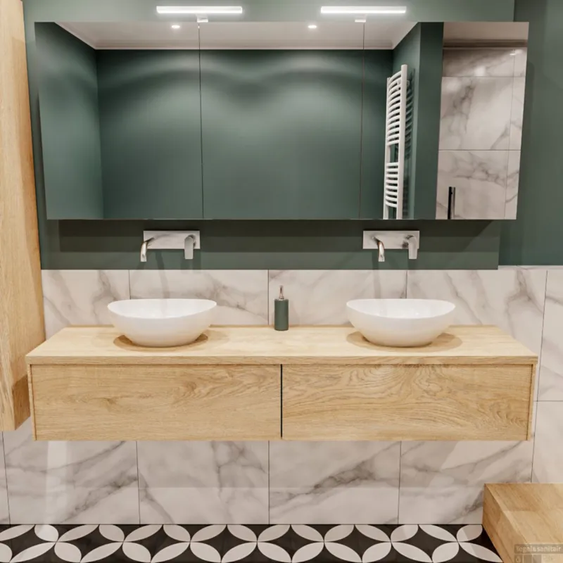 Superprijs Badkamermeubel BWS Madrid Washed Oak 180 cm met Topblad en Keramische Waskom Dubbel (2 lades, 0 kraangaten)